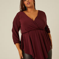 Curve Drapey Surplice 3/4 Sleeve Top Plus Size Tops Burgundy 1XL -2020AVE