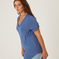 Curve Drapey V-Neck Pocket Tee Plus Size Tops Blue 1XL -2020AVE
