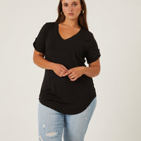 Curve Drapey V-Neck Pocket Tee Plus Size Tops Black 1XL -2020AVE