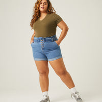 Curve Elastic Waist Denim Shorts Plus Size Bottoms -2020AVE