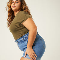 Curve Elastic Waist Denim Shorts Plus Size Bottoms -2020AVE