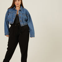 Curve Elasticized Denim Jacket Plus Size Outerwear Medium Blue 1XL -2020AVE