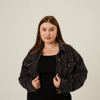 Curve Elasticized Denim Jacket Plus Size Outerwear Charcoal 1XL -2020AVE