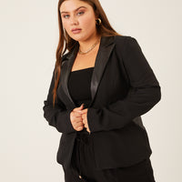 Curve Faux Leather Trim Blazer Plus Size Outerwear -2020AVE