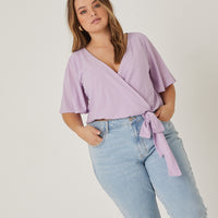 Curve Faux Wrap Knit Top Plus Size Tops Purple 1XL -2020AVE