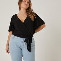 Curve Faux Wrap Knit Top Plus Size Tops Black 1XL -2020AVE