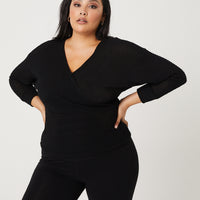 Curve Surplice Knit Top Plus Size Tops Black 1XL -2020AVE