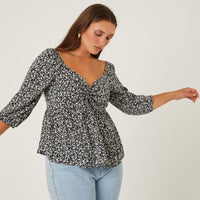Curve Floral 3/4 Sleeve Top Plus Size Tops Black 1XL -2020AVE