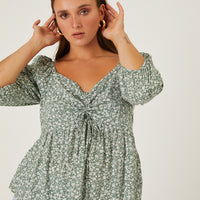 Curve Floral 3/4 Sleeve Top Plus Size Tops Green 1XL -2020AVE
