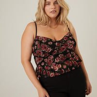 Curve Floral Bustier Cropped Tank Plus Size Tops Black 1XL -2020AVE