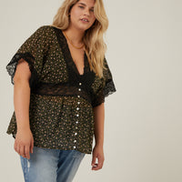 Curve Floral Lace Trim Blouse Plus Size Tops Black 1XL -2020AVE