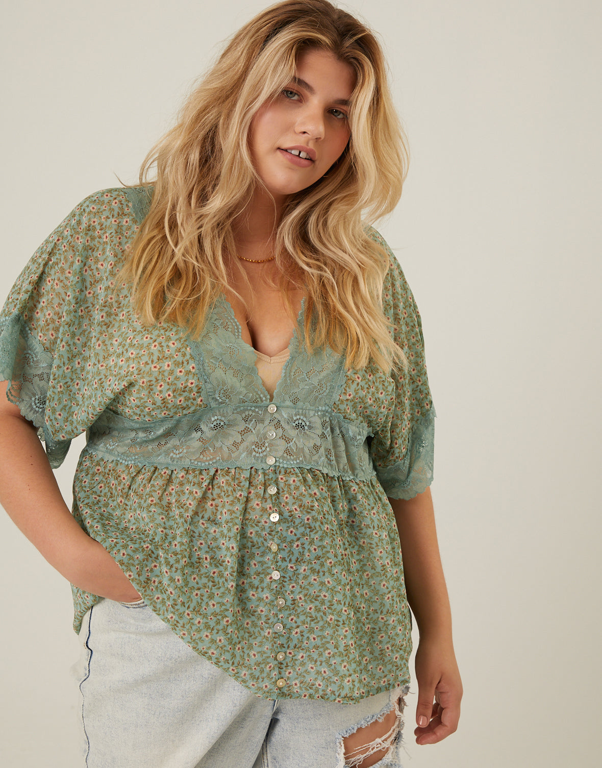 Kiara Plus Size Floral Striped Trim V Neck Blouse main image 1