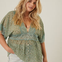Curve Floral Lace Trim Blouse Plus Size Tops Green 1XL -2020AVE