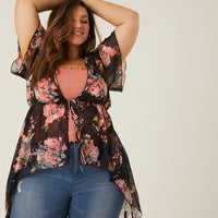 Curve Floral Mesh Cardigan Plus Size Outerwear -2020AVE