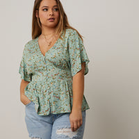 Curve Floral Peplum Blouse Plus Size Tops Sage 1XL -2020AVE