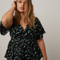 Curve Floral Peplum Blouse Plus Size Tops Black 1XL -2020AVE