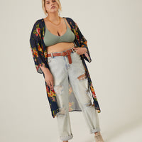 Curve Floral Printed Mesh Cardigan Plus Size Outerwear -2020AVE