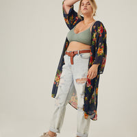 Curve Floral Printed Mesh Cardigan Plus Size Outerwear Navy 1XL -2020AVE