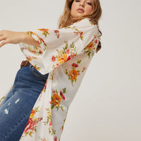 Curve Floral Printed Mesh Cardigan Plus Size Outerwear -2020AVE