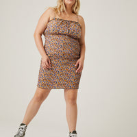 Curve Floral Smocked Mini Dress Plus Size Dresses Rust 1XL -2020AVE