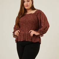 Curve Floral Smocked Top Plus Size Tops Rust 1XL -2020AVE
