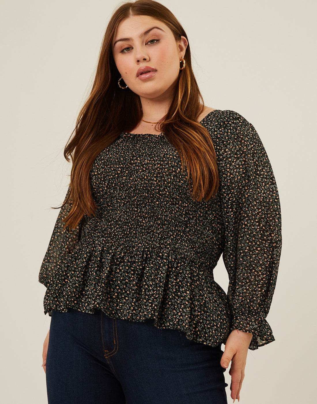Curve Floral Smocked Top Plus Size Tops Black 1XL -2020AVE