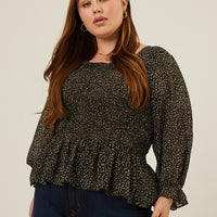 Curve Floral Smocked Top Plus Size Tops Black 1XL -2020AVE