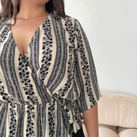 Curve Floral Stripe Mock Wrap Blouse Plus Size Tops Stone 1XL -2020AVE