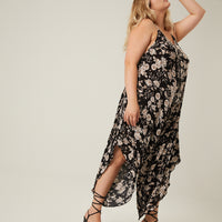 Curve Floral Wide Leg Flowy Jumpsuit Plus Size Rompers + Jumpsuits Black 1XL -2020AVE