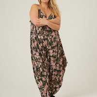 Curve Floral Wide Leg Flowy Jumpsuit Plus Size Rompers + Jumpsuits Olive 1XL -2020AVE