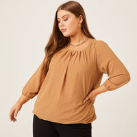 Curve Flowy Long Sleeve Chiffon Blouse Plus Size Tops Tan 1XL -2020AVE