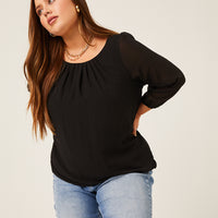 Curve Flowy Long Sleeve Chiffon Blouse Plus Size Tops Black 1XL -2020AVE
