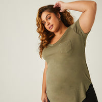 Curve Flowy V Neck Pocket Tee Plus Size Tops Olive 1XL -2020AVE