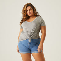Curve Flowy V Neck Pocket Tee Plus Size Tops Gray 1XL -2020AVE