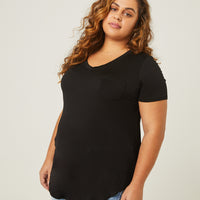 Curve Flowy V Neck Pocket Tee Plus Size Tops Black 1XL -2020AVE