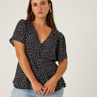 Curve Flutter Sleeve Floral Top Plus Size Tops Black 1XL -2020AVE