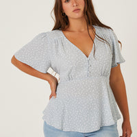 Curve Flutter Sleeve Floral Top Plus Size Tops Blue 1XL -2020AVE