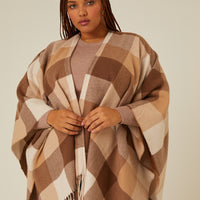 Curve Fringe Trim Plaid Poncho Plus Size Outerwear Brown Plus Size One Size -2020AVE