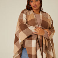 Curve Fringe Trim Plaid Poncho Plus Size Outerwear Brown Plus Size One Size -2020AVE