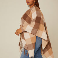 Curve Fringe Trim Plaid Poncho Plus Size Outerwear Brown Plus Size One Size -2020AVE