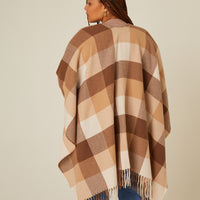 Curve Fringe Trim Plaid Poncho Plus Size Outerwear Brown Plus Size One Size -2020AVE