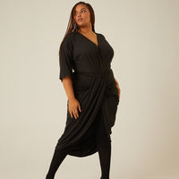 Curve Gathered Drapey V Neck Dress Plus Size Dresses Black 1XL -2020AVE