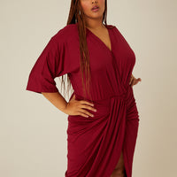 Curve Gathered Drapey V Neck Dress Plus Size Dresses Burgundy 1XL -2020AVE