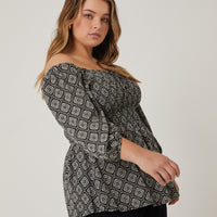 Curve Geometric Boho Patterned Top Plus Size Tops Black 1XL -2020AVE