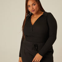Curve Half Button Long Sleeve Top Plus Size Tops Black 1XL -2020AVE