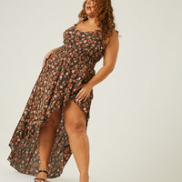 Curve High Low Floral Ruffle Dress Plus Size Dresses Brown 1XL -2020AVE