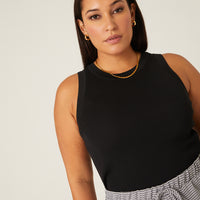 Curve High Neck Rib Knit Tank Plus Size Tops -2020AVE