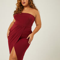 Curve High Slit Strapless Dress Plus Size Dresses Burgundy 1XL -2020AVE