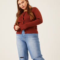Curve Button Cardigan Knit Top Plus Size Tops Rust 1XL -2020AVE