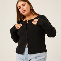 Curve Button Cardigan Knit Top Plus Size Tops -2020AVE